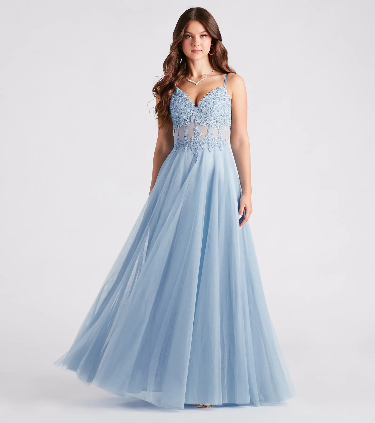 Jaci Rhinestone Embroidered Mesh Formal Dress